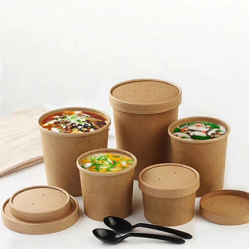 Tigela de sopa regular de papel Kraft com tampa de papel